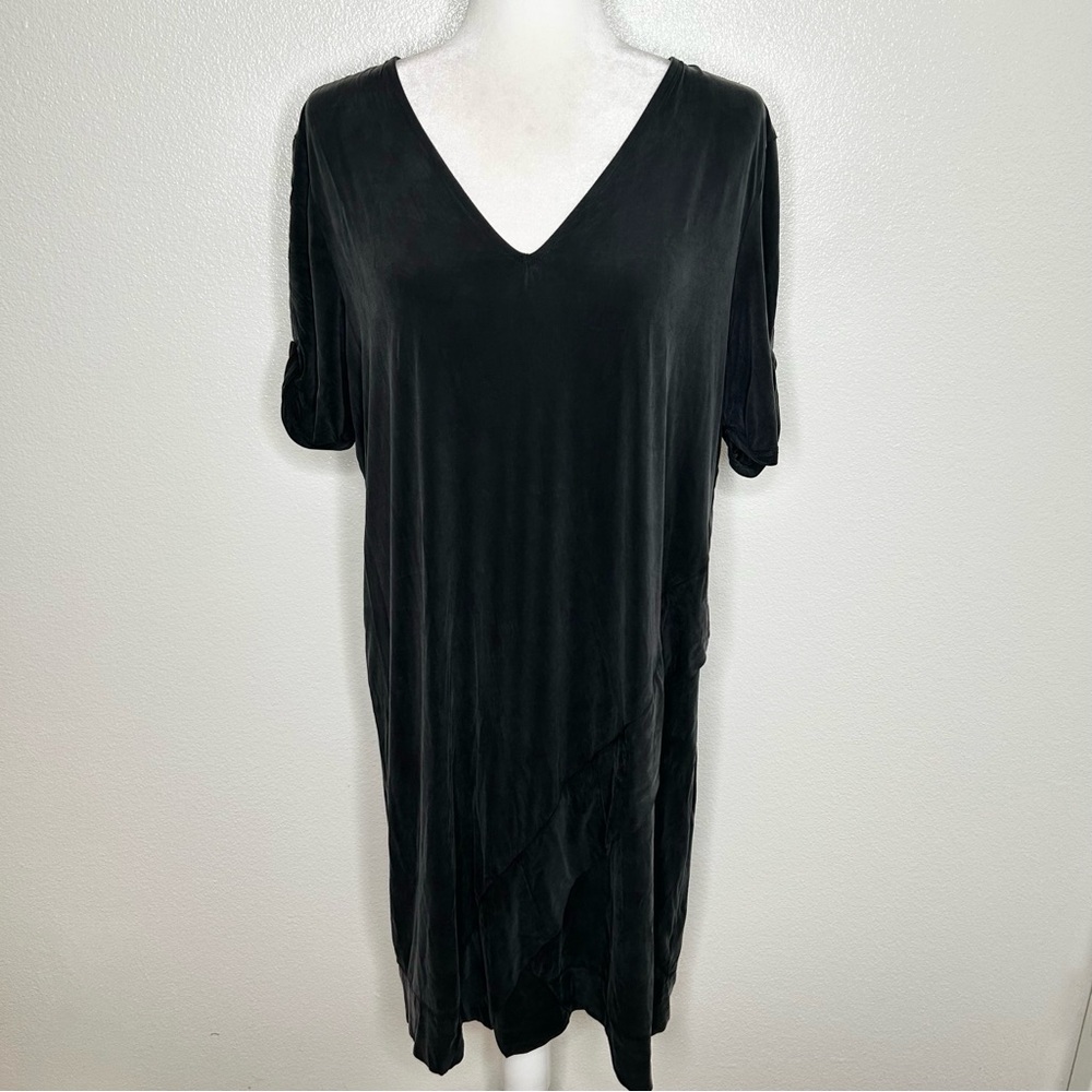 Dolan Left Coast Anthro Black V-Neck Shift Jersey Dress Short Sleeve Size L